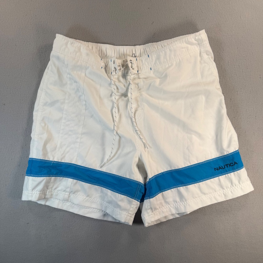 VTG Nautica Mens XL Swim Trunks White Blue Stripe Mesh Lined Board